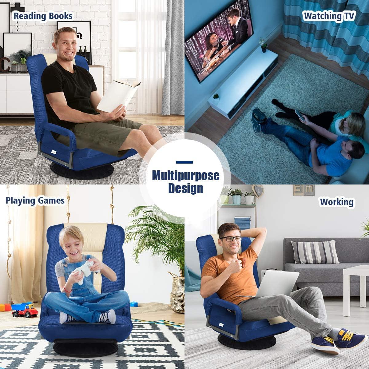 image:imageGiantex Floor Chair 360 Degree Swivel Chair with Adjustable Backrest Lumbar Support Armrest Foldable Lazy Sofa Rocker for TV Reading Playing Video Games BlackGreyBlueBeige