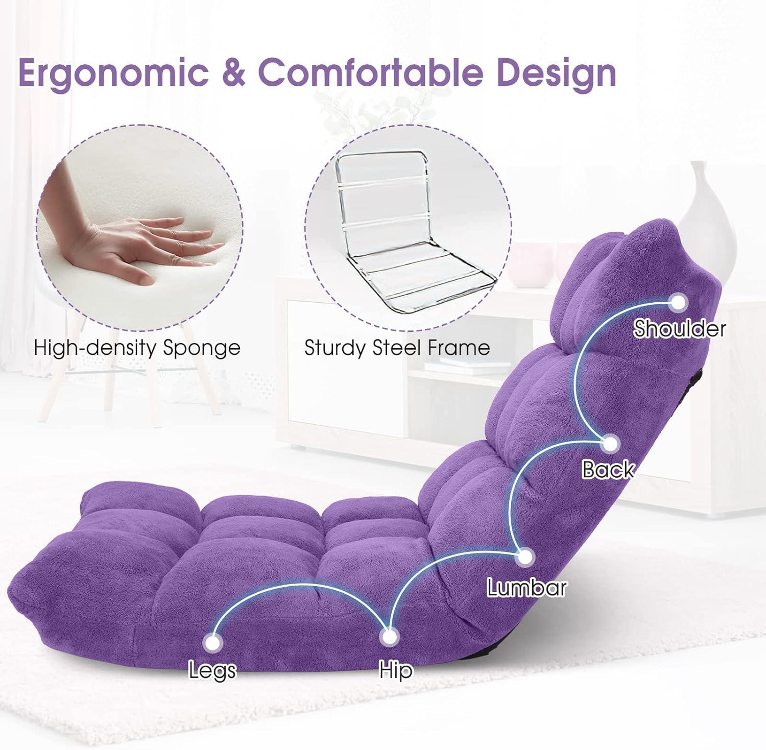 image:imageGiantex Folding Floor Chair with Back Support 14 Adjustable Position Padded Sleeper Bed Couch Recliner Gaming Floor Chairs for Adults Meditation Living Room GreyPurple