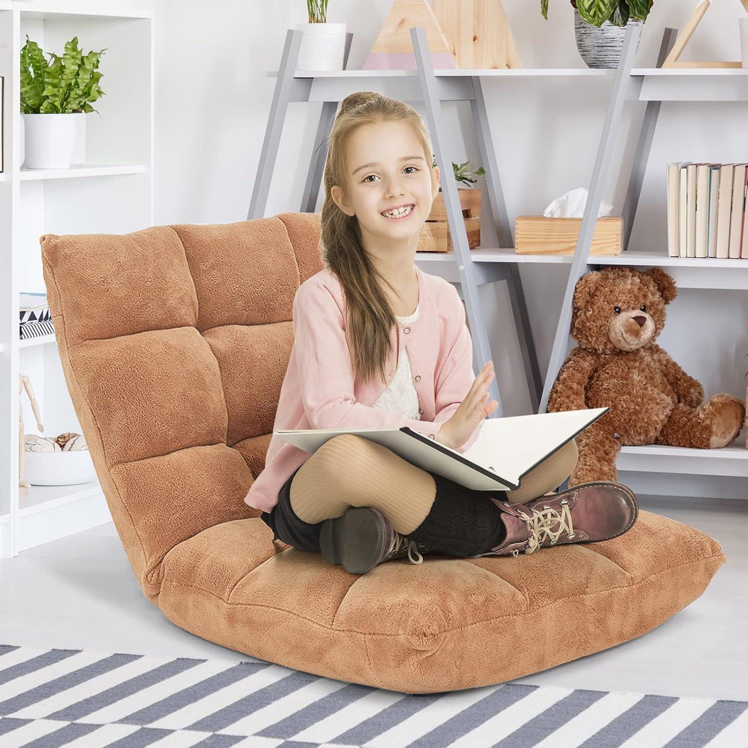 image:imageGiantex Folding Floor Chair with Back Support 14 Adjustable Position Padded Sleeper Bed Couch Recliner Gaming Floor Chairs for Adults Meditation Living Room GreyTan