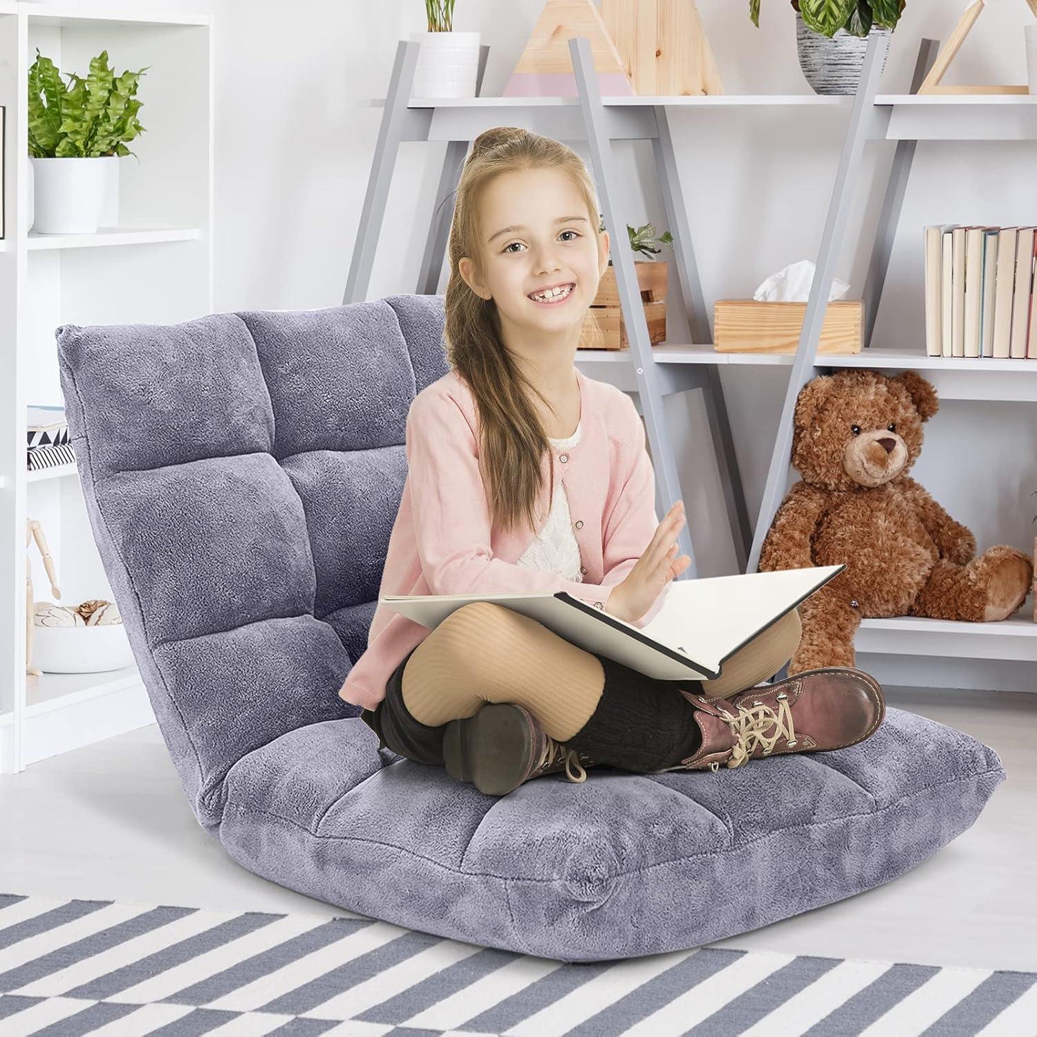 image:imageGiantex Folding Floor Chair with Back Support 14 Adjustable Position Padded Sleeper Bed Couch Recliner Gaming Floor Chairs for Adults Meditation Living Room GreyGrey