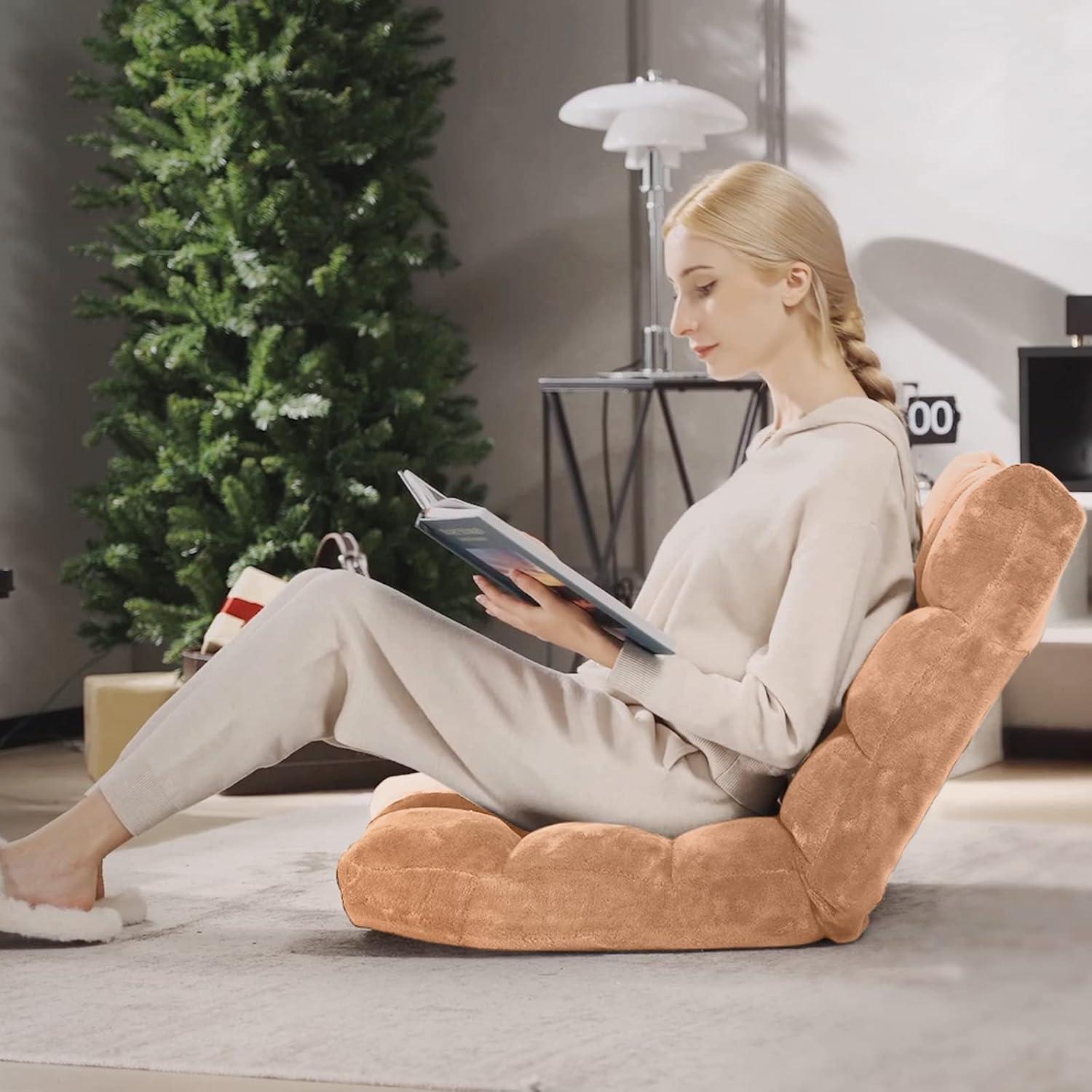 image:imageGiantex Folding Floor Chair with Back Support 14 Adjustable Position Padded Sleeper Bed Couch Recliner Gaming Floor Chairs for Adults Meditation Living Room GreyTan