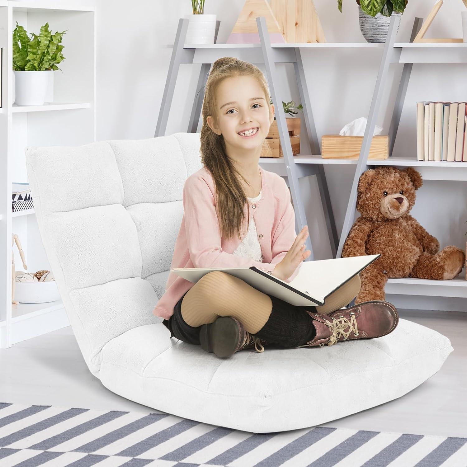 image:imageGiantex Folding Floor Chair with Back Support 14 Adjustable Position Padded Sleeper Bed Couch Recliner Gaming Floor Chairs for Adults Meditation Living Room GreyWhite