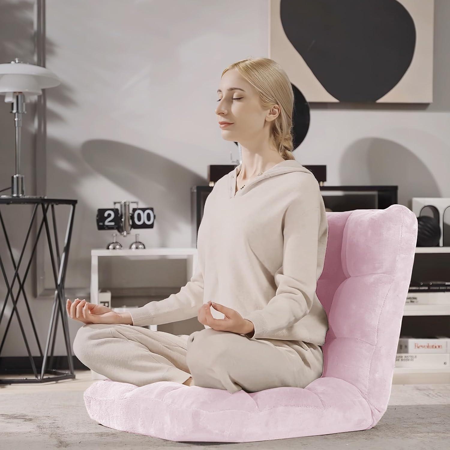 image:imageGiantex Folding Floor Chair with Back Support 14 Adjustable Position Padded Sleeper Bed Couch Recliner Gaming Floor Chairs for Adults Meditation Living Room GreyLight Pink