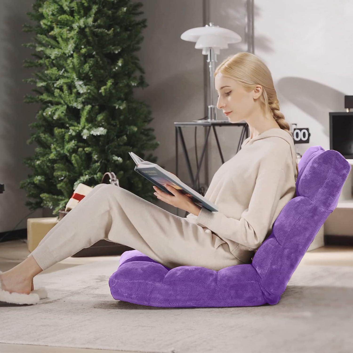 image:imageGiantex Folding Floor Chair with Back Support 14 Adjustable Position Padded Sleeper Bed Couch Recliner Gaming Floor Chairs for Adults Meditation Living Room GreyPurple
