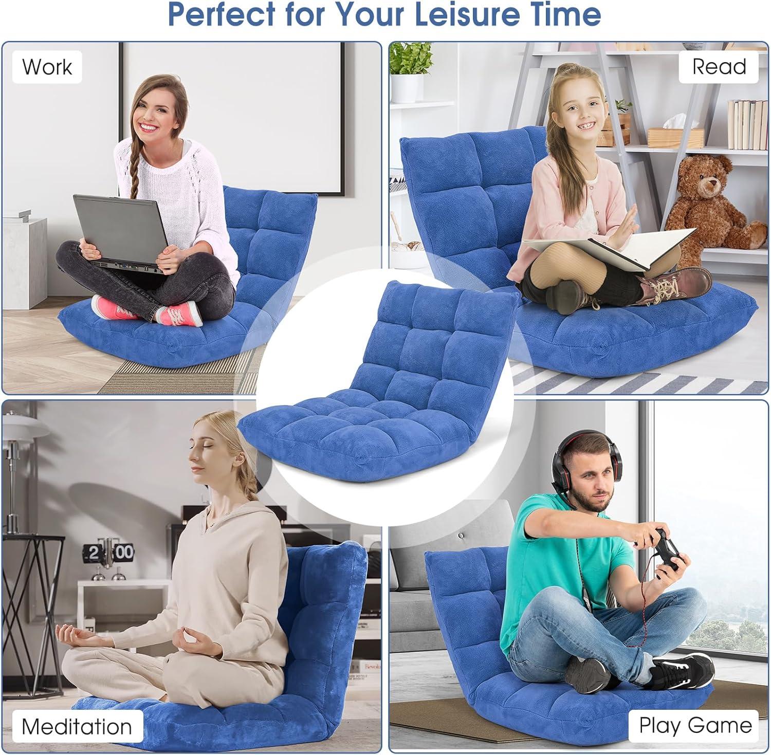 image:imageGiantex Folding Floor Chair with Back Support 14 Adjustable Position Padded Sleeper Bed Couch Recliner Gaming Floor Chairs for Adults Meditation Living Room GreyBlue