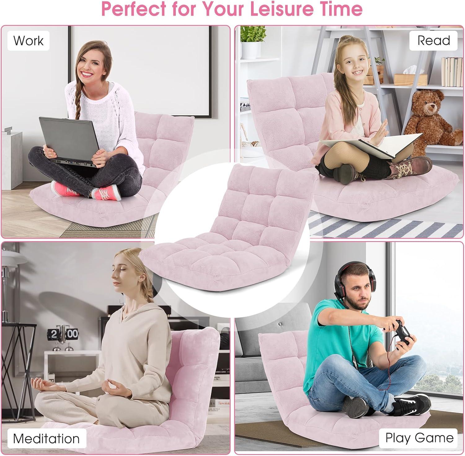 image:imageGiantex Folding Floor Chair with Back Support 14 Adjustable Position Padded Sleeper Bed Couch Recliner Gaming Floor Chairs for Adults Meditation Living Room GreyLight Pink