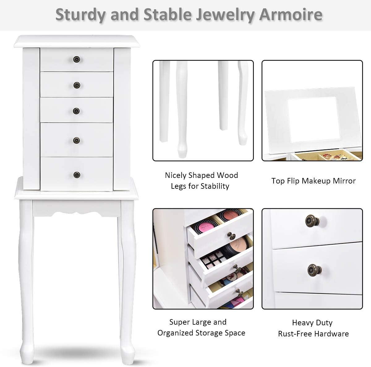 image:imageGiantex Jewelry Armoire Cabinet Chest Organizer Box Top with Flip Mirror Standing SpaceSaving Bedroom Makeup Accessories Storage Armoires 8 Necklace Hooks Jewelry Cabinets with 4 Drawers BlackWhite