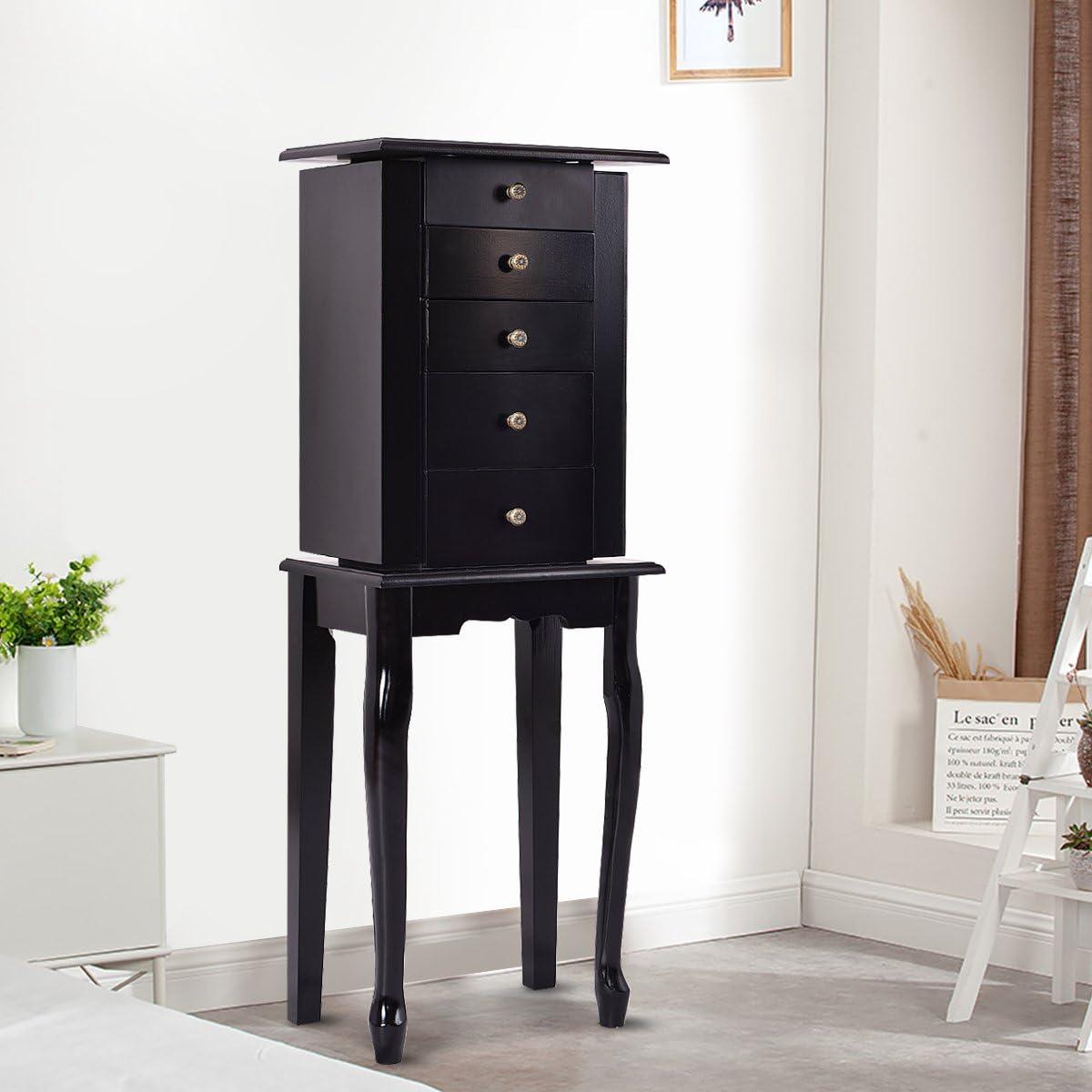 image:imageGiantex Jewelry Armoire Cabinet Chest Organizer Box Top with Flip Mirror Standing SpaceSaving Bedroom Makeup Accessories Storage Armoires 8 Necklace Hooks Jewelry Cabinets with 4 Drawers BlackBlack