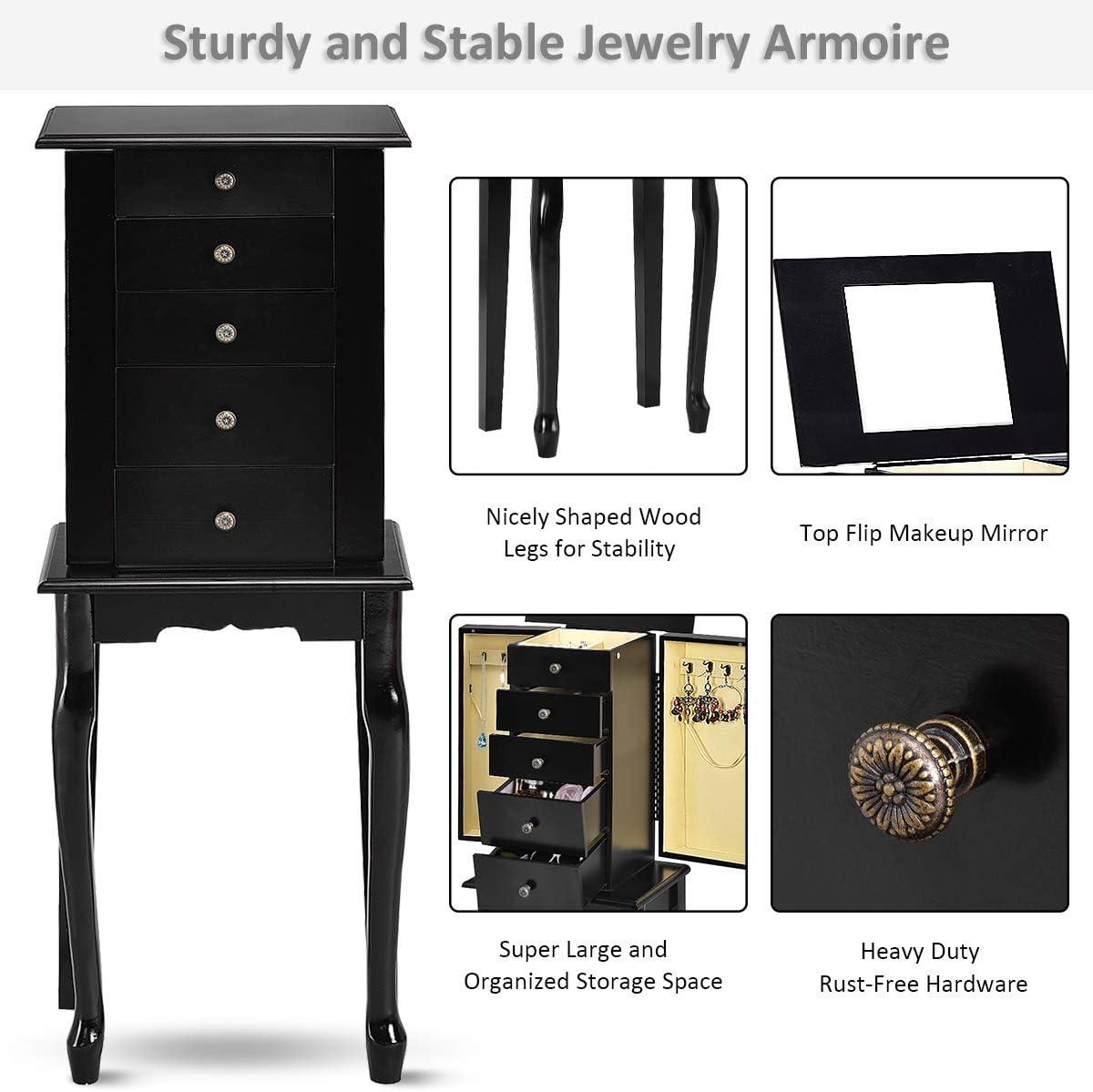 image:imageGiantex Jewelry Armoire Cabinet Chest Organizer Box Top with Flip Mirror Standing SpaceSaving Bedroom Makeup Accessories Storage Armoires 8 Necklace Hooks Jewelry Cabinets with 4 Drawers BlackBlack