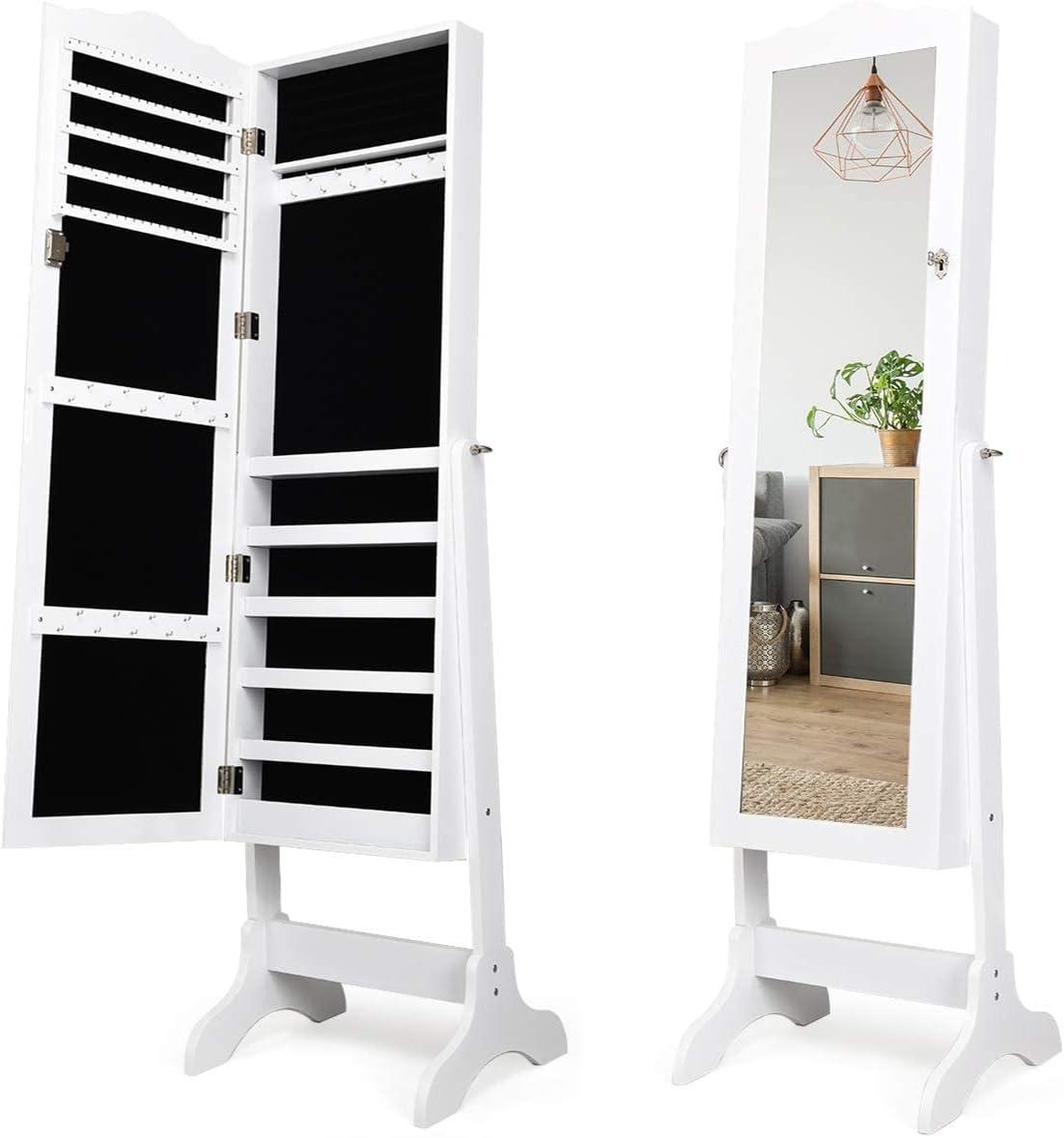image:imageGiantex Jewelry Armoire with Full Length Mirror Lockable Standing Jewelry Cabinet Mirror with Jewelry Storage Ring Earring Necklace Makeup Display Jewelry Organizer Box for Women Girls WhiteWhite