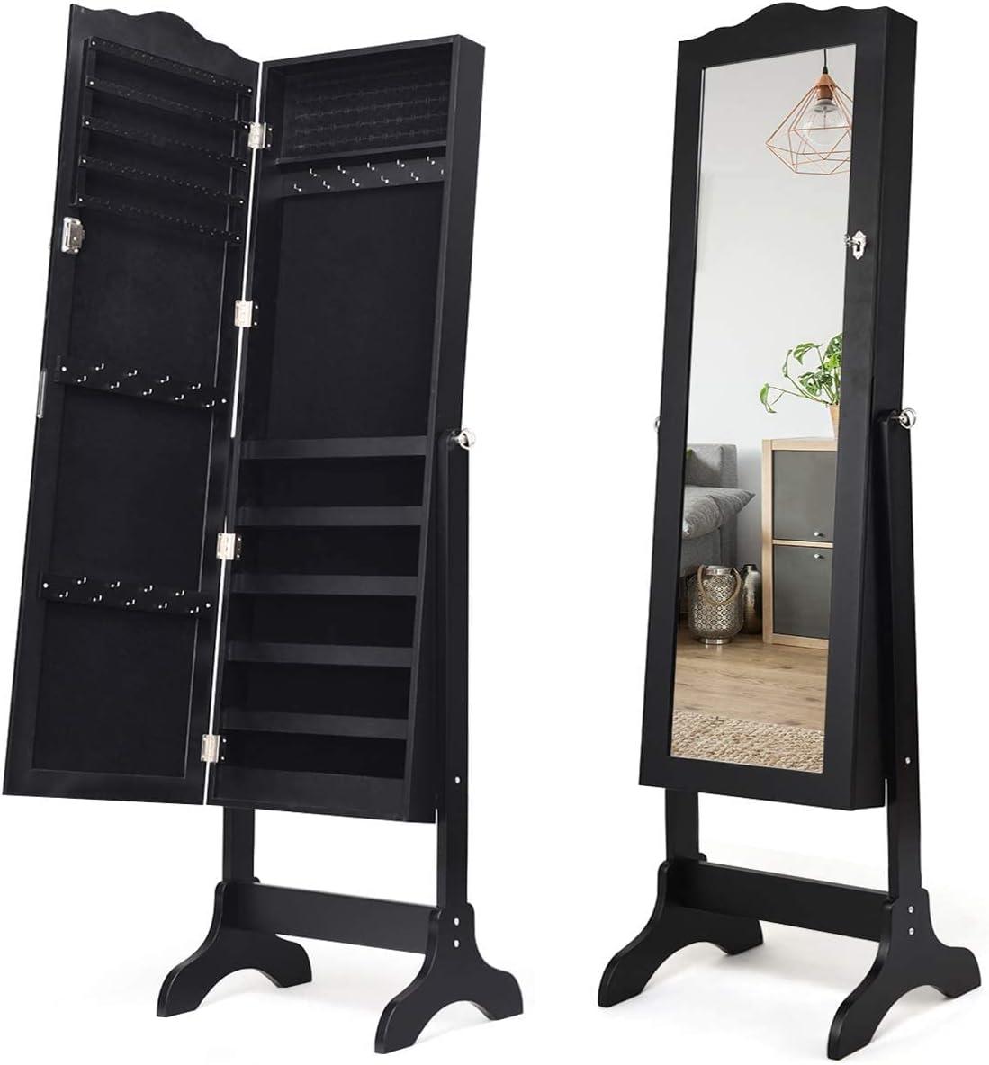 image:imageGiantex Jewelry Armoire with Full Length Mirror Lockable Standing Jewelry Cabinet Mirror with Jewelry Storage Ring Earring Necklace Makeup Display Jewelry Organizer Box for Women Girls WhiteBlack
