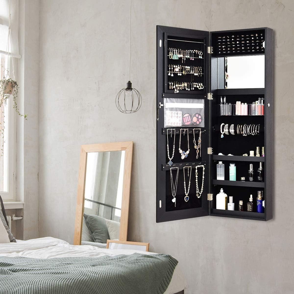 image:imageGiantex Jewelry Cabinet Armoire Door Wall Mount 472in Lockable Touch Screen Lighted Full Length Mirror 3 Lighting Settings Inside Makeup Mirror Jewelry Storage Box Organizer BlackBlack