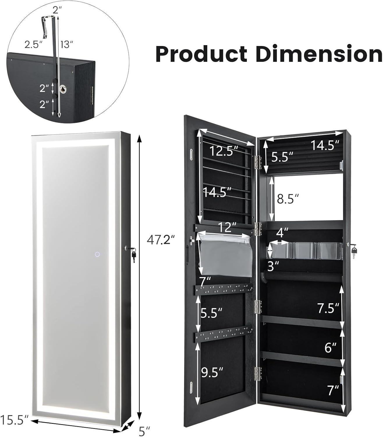 image:imageGiantex Jewelry Cabinet Armoire Door Wall Mount 472in Lockable Touch Screen Lighted Full Length Mirror 3 Lighting Settings Inside Makeup Mirror Jewelry Storage Box Organizer BlackBlack