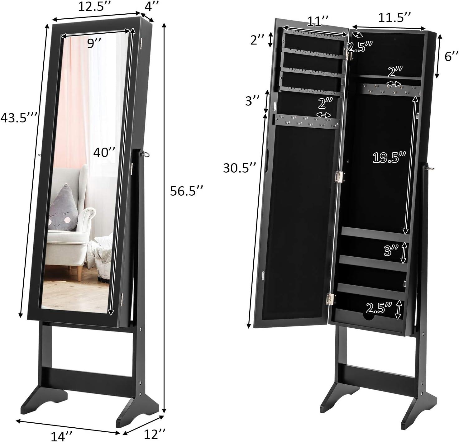 image:imageGiantex Jewelry Cabinet with FullLength Mirror Standing Jewelry Armoire Organizer with 64 Earring Slots 72 Ring Slots 20 Necklace Hooks 4 Storage Shelves 3 Angle Adjustable BlackBlack