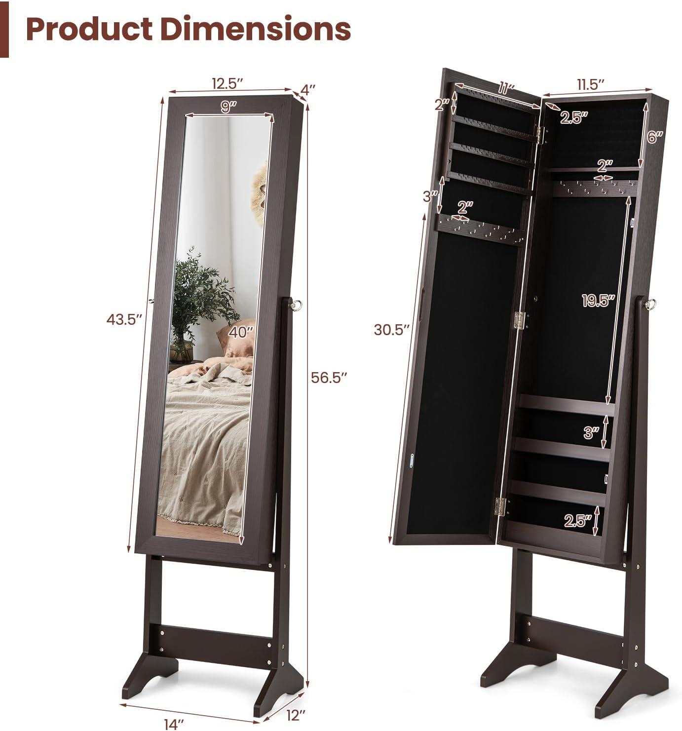 image:imageGiantex Jewelry Cabinet with FullLength Mirror Standing Jewelry Armoire Organizer with 64 Earring Slots 72 Ring Slots 20 Necklace Hooks 4 Storage Shelves 3 Angle Adjustable BlackEspresso