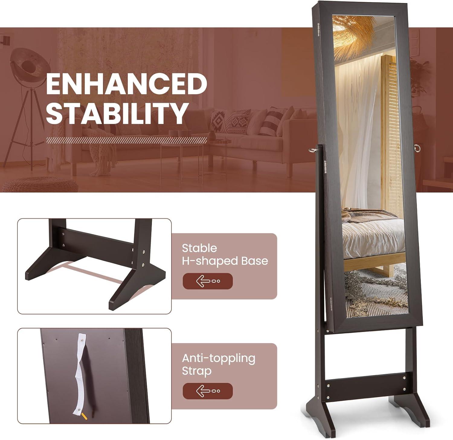 image:imageGiantex Jewelry Cabinet with FullLength Mirror Standing Jewelry Armoire Organizer with 64 Earring Slots 72 Ring Slots 20 Necklace Hooks 4 Storage Shelves 3 Angle Adjustable BlackEspresso