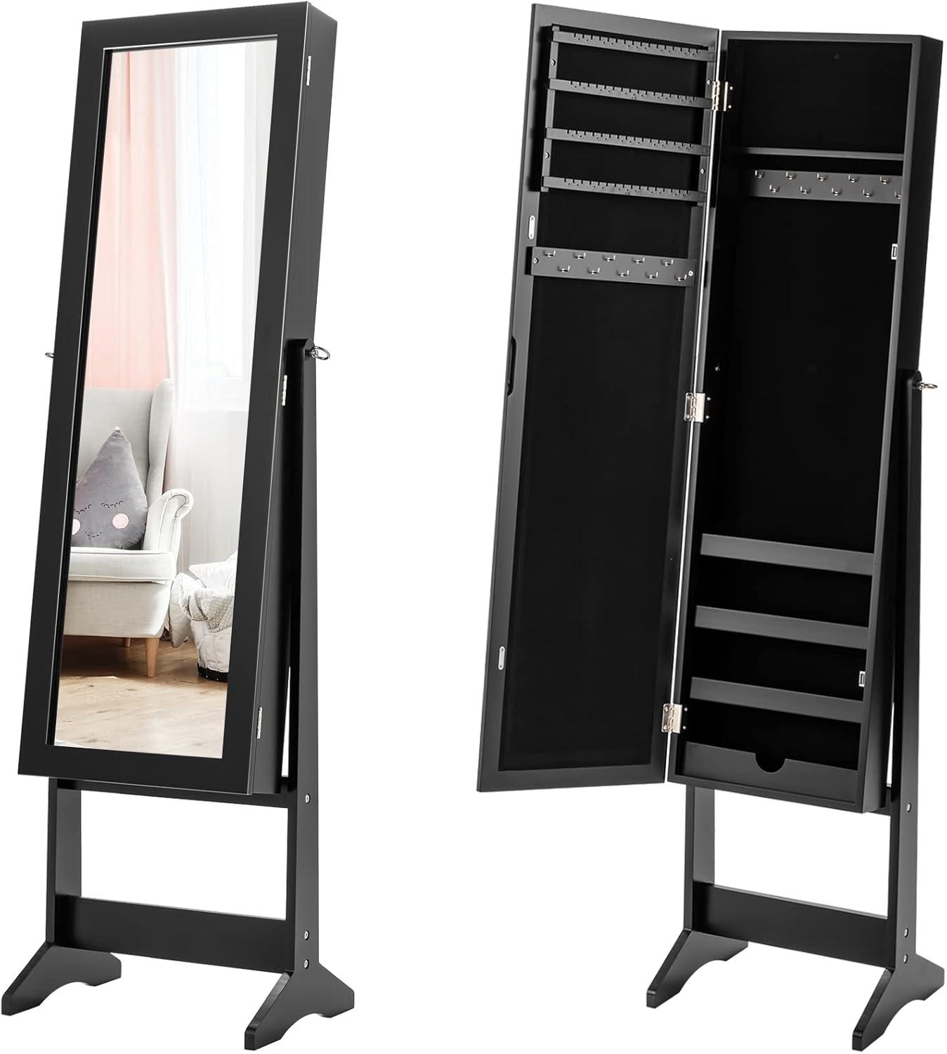 image:imageGiantex Jewelry Cabinet with FullLength Mirror Standing Jewelry Armoire Organizer with 64 Earring Slots 72 Ring Slots 20 Necklace Hooks 4 Storage Shelves 3 Angle Adjustable BlackBlack