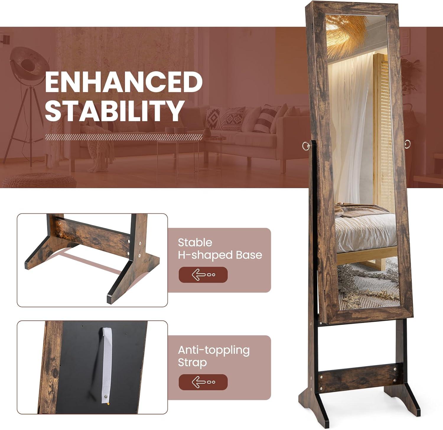 image:imageGiantex Jewelry Cabinet with FullLength Mirror Standing Jewelry Armoire Organizer with 64 Earring Slots 72 Ring Slots 20 Necklace Hooks 4 Storage Shelves 3 Angle Adjustable BlackRustic Brown