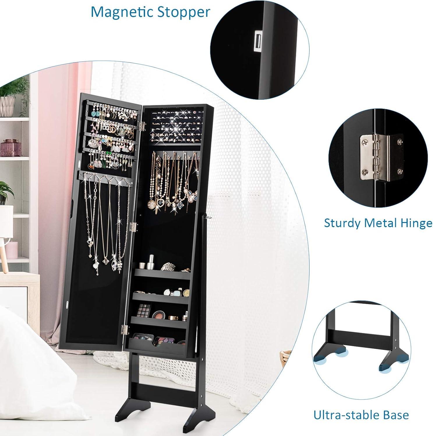 image:imageGiantex Jewelry Cabinet with FullLength Mirror Standing Jewelry Armoire Organizer with 64 Earring Slots 72 Ring Slots 20 Necklace Hooks 4 Storage Shelves 3 Angle Adjustable BlackBlack