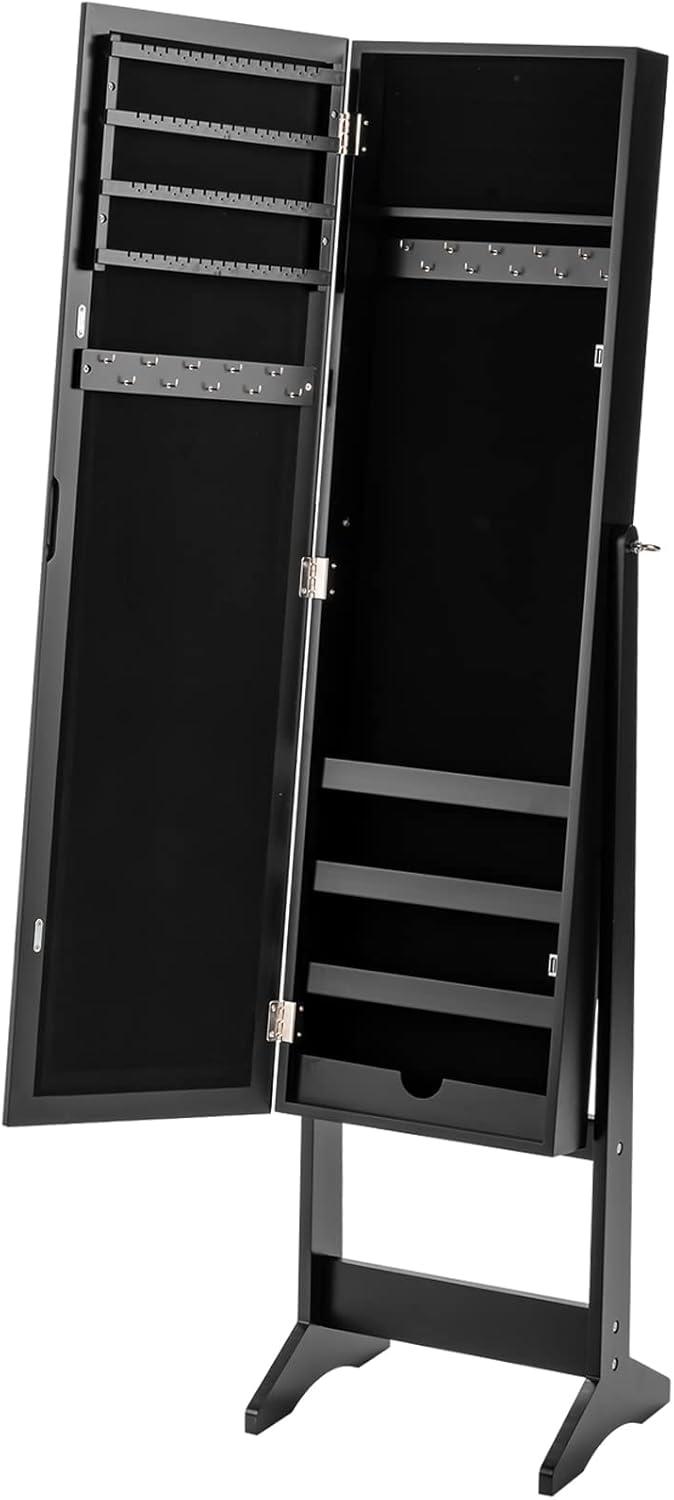 image:imageGiantex Jewelry Cabinet with FullLength Mirror Standing Jewelry Armoire Organizer with 64 Earring Slots 72 Ring Slots 20 Necklace Hooks 4 Storage Shelves 3 Angle Adjustable BlackBlack