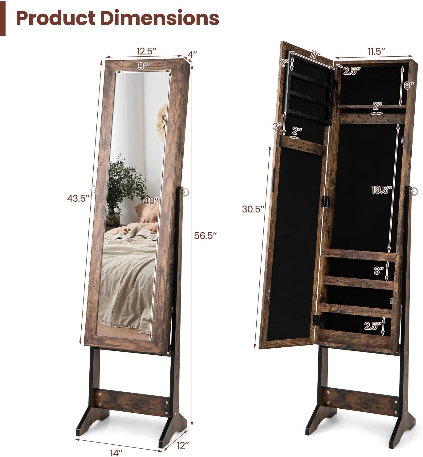 image:imageGiantex Jewelry Cabinet with FullLength Mirror Standing Jewelry Armoire Organizer with 64 Earring Slots 72 Ring Slots 20 Necklace Hooks 4 Storage Shelves 3 Angle Adjustable BlackRustic Brown
