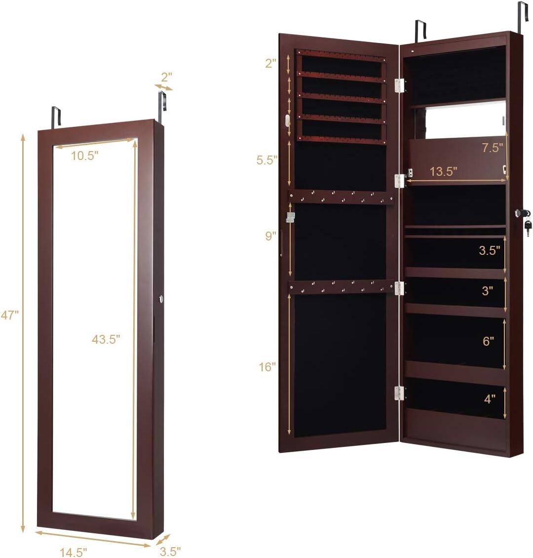 image:imageGiantex LED Jewelry Cabinet Wall Mounted Door Hanging Lockable Jewelry Armoire with 472 Full Length Mirror Foldable Makeup Tray Lipstick Brush Holders Jewelry Storage Organizer WhiteBrown