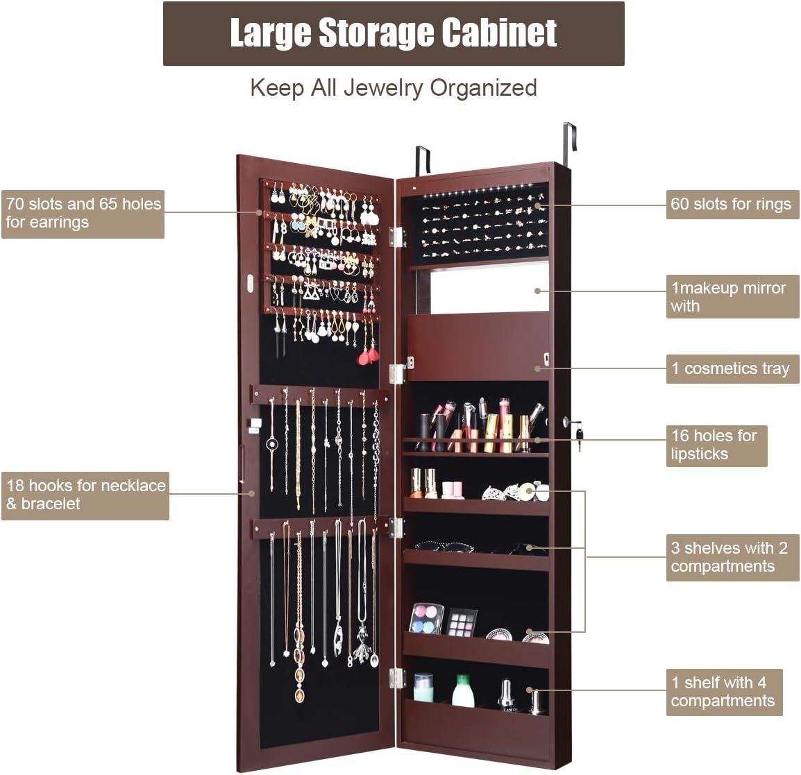 image:imageGiantex LED Jewelry Cabinet Wall Mounted Door Hanging Lockable Jewelry Armoire with 472 Full Length Mirror Foldable Makeup Tray Lipstick Brush Holders Jewelry Storage Organizer WhiteBrown