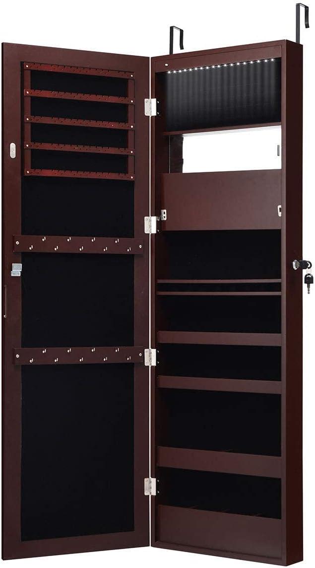 image:imageGiantex LED Jewelry Cabinet Wall Mounted Door Hanging Lockable Jewelry Armoire with 472 Full Length Mirror Foldable Makeup Tray Lipstick Brush Holders Jewelry Storage Organizer WhiteBrown