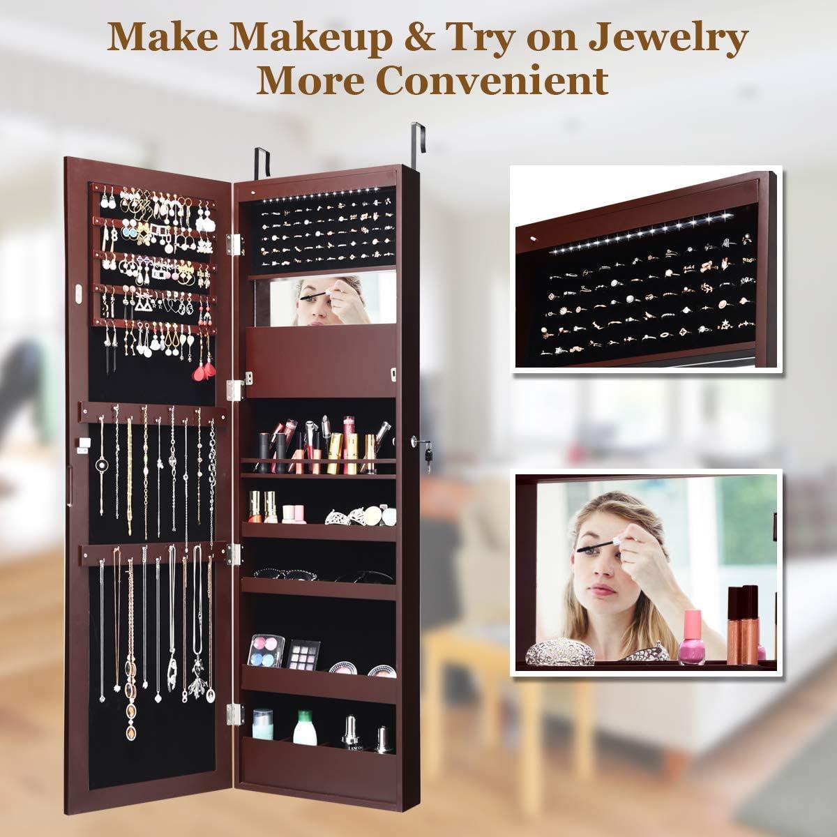 image:imageGiantex LED Jewelry Cabinet Wall Mounted Door Hanging Lockable Jewelry Armoire with 472 Full Length Mirror Foldable Makeup Tray Lipstick Brush Holders Jewelry Storage Organizer WhiteBrown