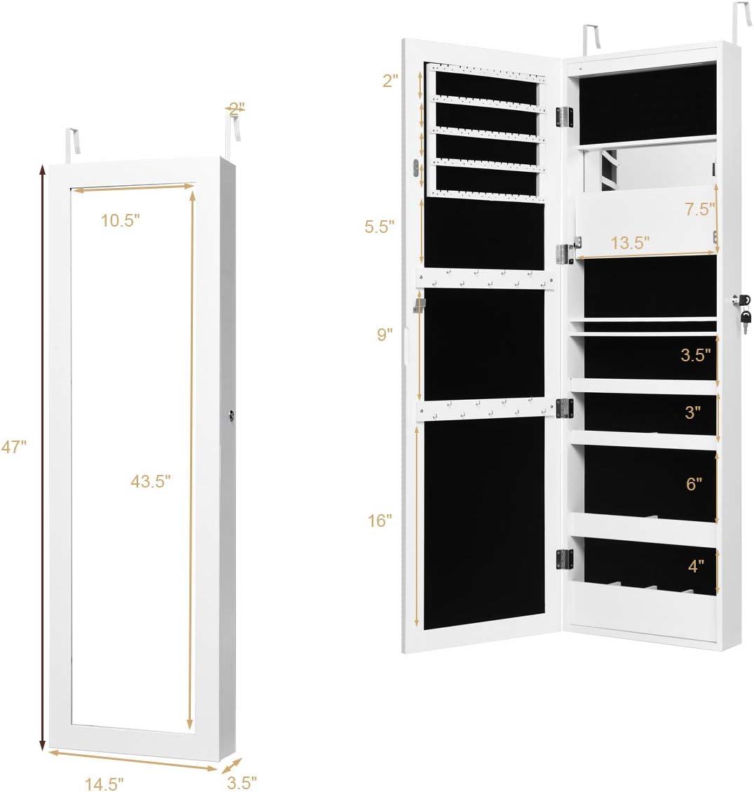 image:imageGiantex LED Jewelry Cabinet Wall Mounted Door Hanging Lockable Jewelry Armoire with 472 Full Length Mirror Foldable Makeup Tray Lipstick Brush Holders Jewelry Storage Organizer WhiteWhite
