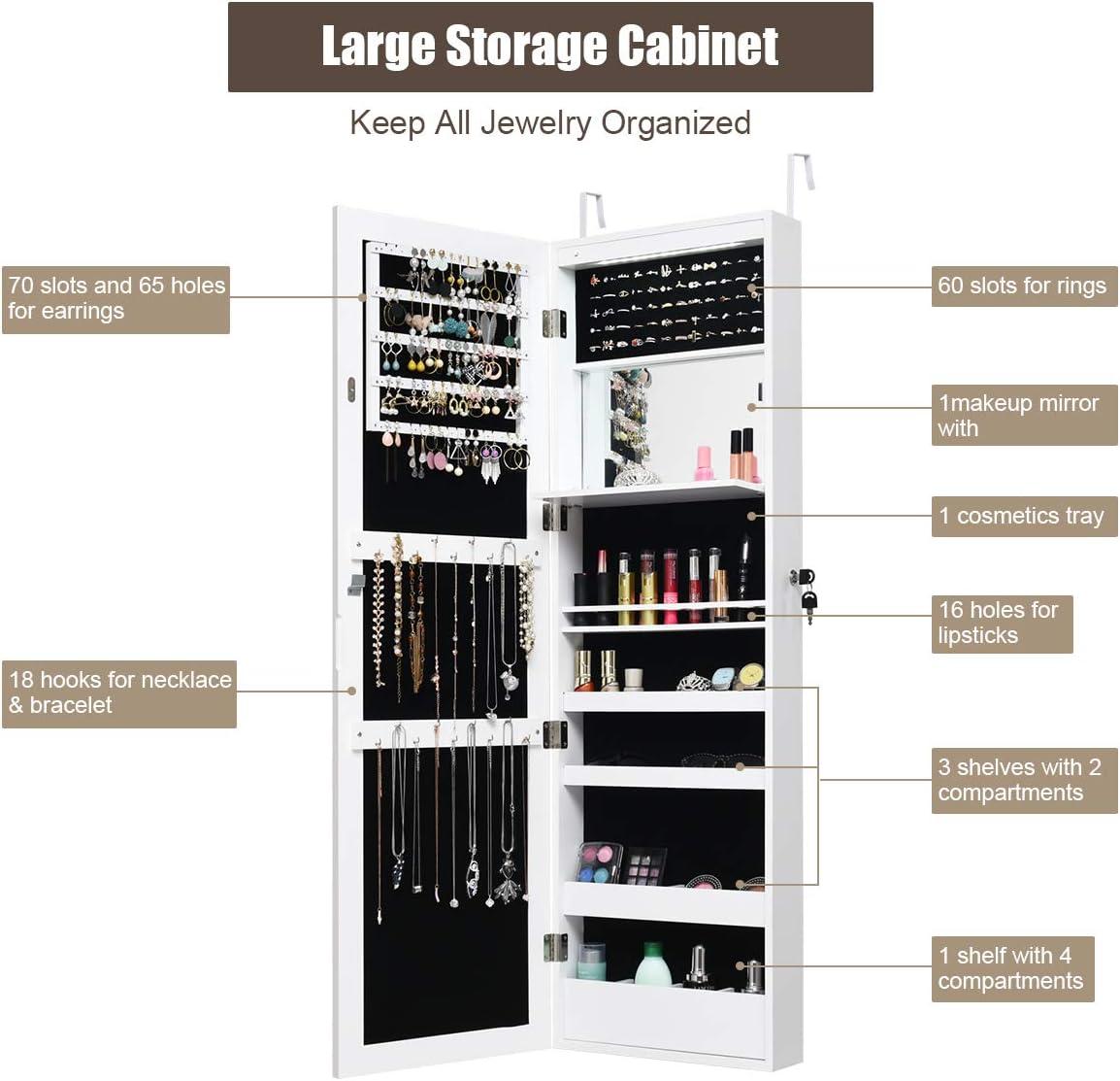 image:imageGiantex LED Jewelry Cabinet Wall Mounted Door Hanging Lockable Jewelry Armoire with 472 Full Length Mirror Foldable Makeup Tray Lipstick Brush Holders Jewelry Storage Organizer WhiteWhite