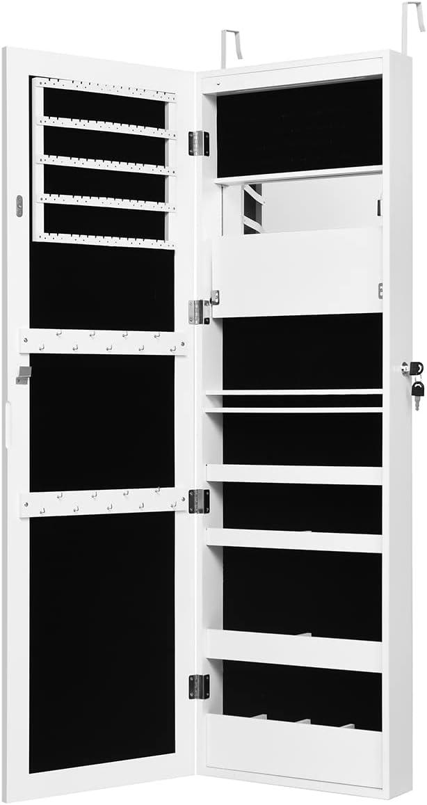 image:imageGiantex LED Jewelry Cabinet Wall Mounted Door Hanging Lockable Jewelry Armoire with 472 Full Length Mirror Foldable Makeup Tray Lipstick Brush Holders Jewelry Storage Organizer WhiteWhite