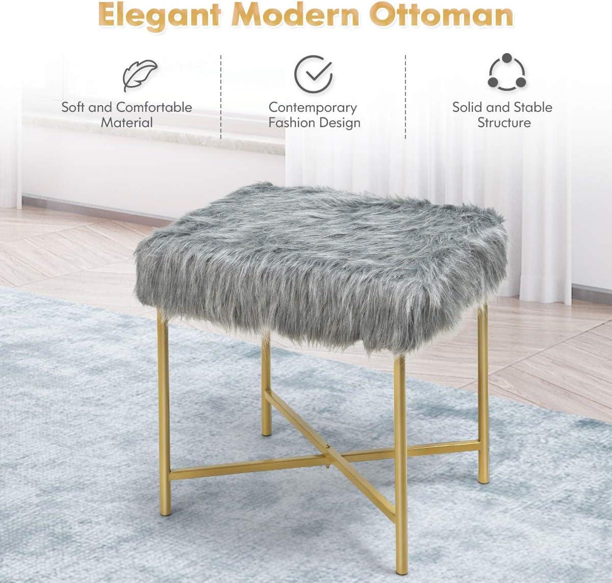 image:imageGiantex Ottoman Footrest WPaddedLuxurious Faux Fur Covered Seat and Gold Metal Base for Living Room Bedroom Square Ottoman Gray