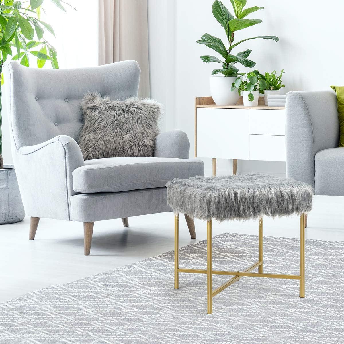 image:imageGiantex Ottoman Footrest WPaddedLuxurious Faux Fur Covered Seat and Gold Metal Base for Living Room Bedroom Square Ottoman Gray