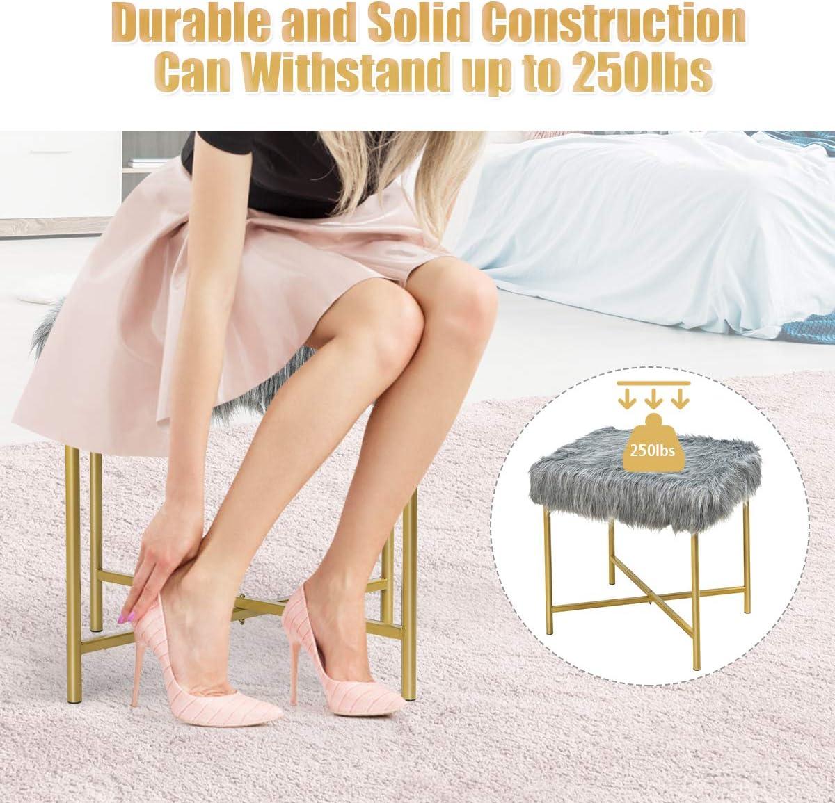image:imageGiantex Ottoman Footrest WPaddedLuxurious Faux Fur Covered Seat and Gold Metal Base for Living Room Bedroom Square Ottoman Gray