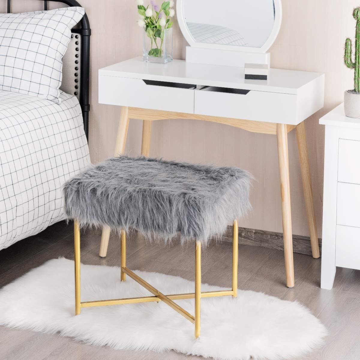 image:imageGiantex Ottoman Footrest WPaddedLuxurious Faux Fur Covered Seat and Gold Metal Base for Living Room Bedroom Square Ottoman Gray