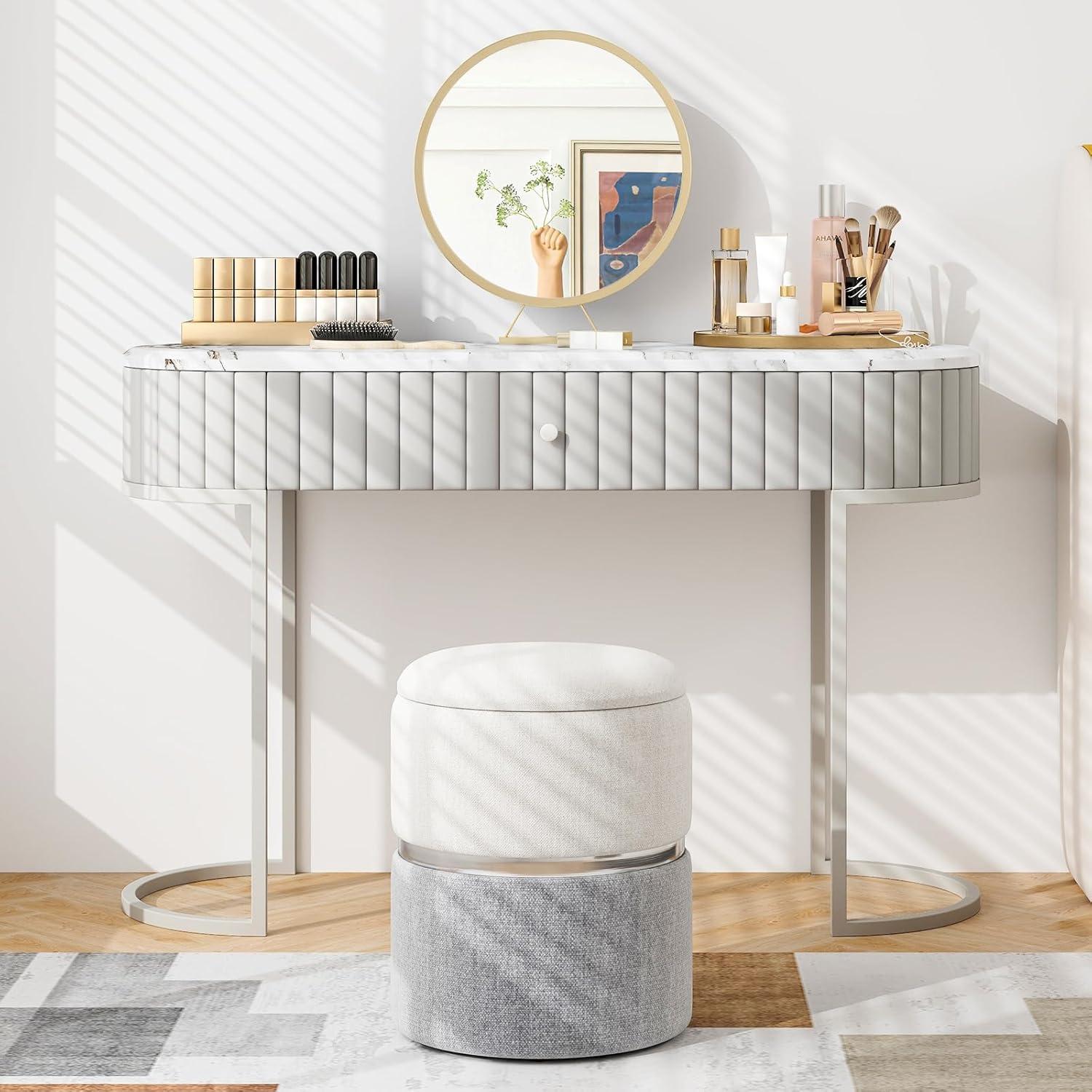 image:imageGiantex Ottoman with Storage Set of 2 Storage Ottomans 1 Large amp 1 Small Nesting Ottoman Side Table Upholstered Linen Round Foot Rest Vanity Stool for Bedroom Living Room GrayGray Silver