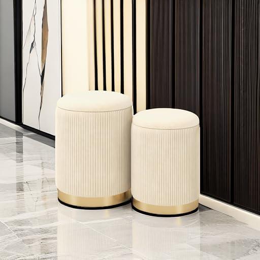 image:imageGiantex Ottoman with Storage Set of 2 Storage Ottomans 1 Large amp 1 Small Nesting Ottoman Side Table Upholstered Linen Round Foot Rest Vanity Stool for Bedroom Living Room GrayBeige Golden