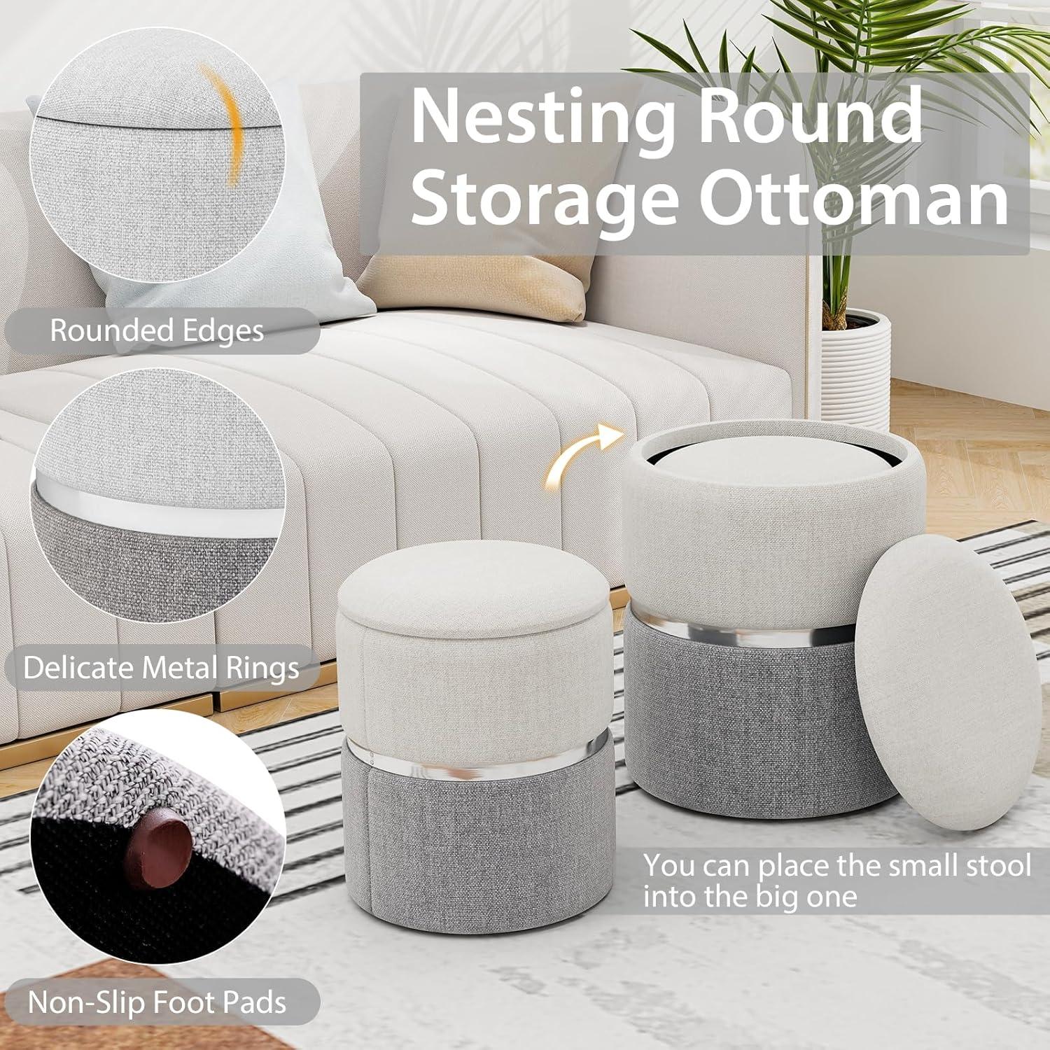 image:imageGiantex Ottoman with Storage Set of 2 Storage Ottomans 1 Large amp 1 Small Nesting Ottoman Side Table Upholstered Linen Round Foot Rest Vanity Stool for Bedroom Living Room GrayGray Silver