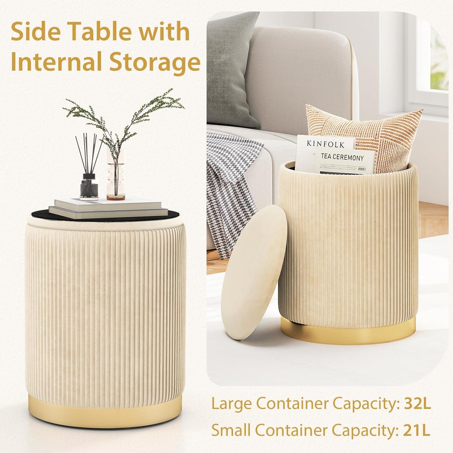 image:imageGiantex Ottoman with Storage Set of 2 Storage Ottomans 1 Large amp 1 Small Nesting Ottoman Side Table Upholstered Linen Round Foot Rest Vanity Stool for Bedroom Living Room GrayBeige Golden