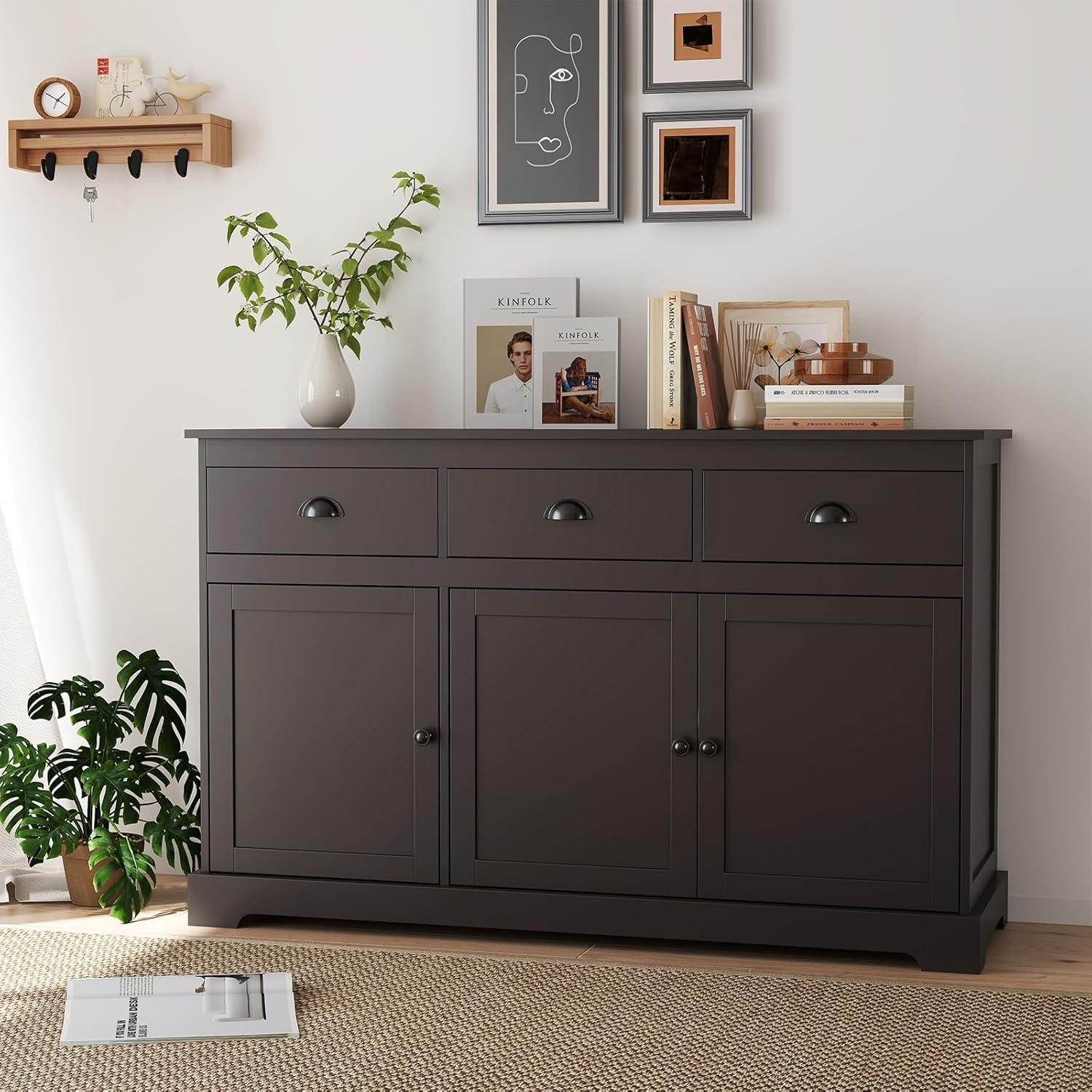 image:imageGiantex Sideboard Buffet Server Storage Cabinet Console Table Home Kitchen Dining Room Furniture Entryway Cupboard with 2 Cabinets and 3 Drawers Adjustable Shelves GrayBrown