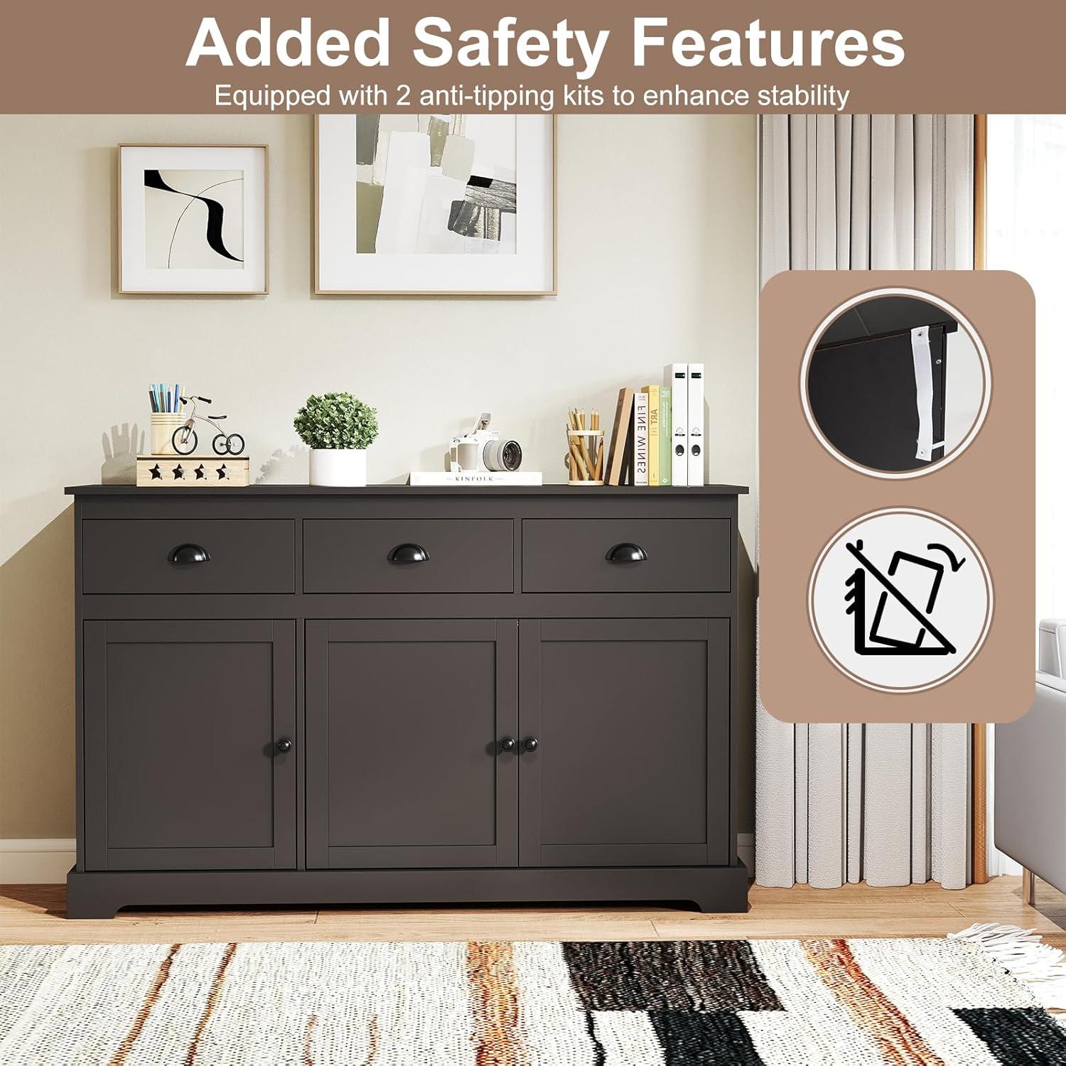 image:imageGiantex Sideboard Buffet Server Storage Cabinet Console Table Home Kitchen Dining Room Furniture Entryway Cupboard with 2 Cabinets and 3 Drawers Adjustable Shelves GrayBrown