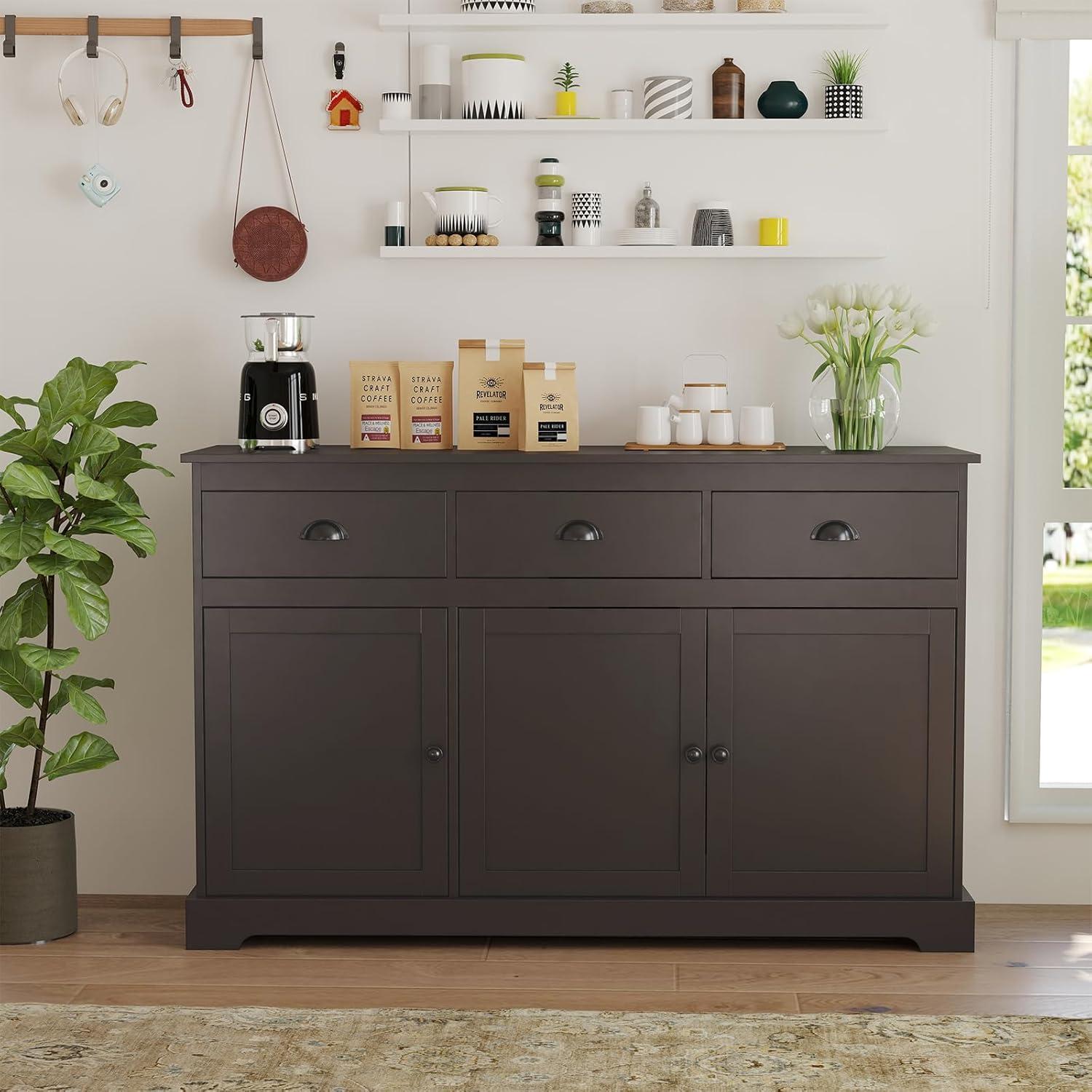 image:imageGiantex Sideboard Buffet Server Storage Cabinet Console Table Home Kitchen Dining Room Furniture Entryway Cupboard with 2 Cabinets and 3 Drawers Adjustable Shelves GrayBrown