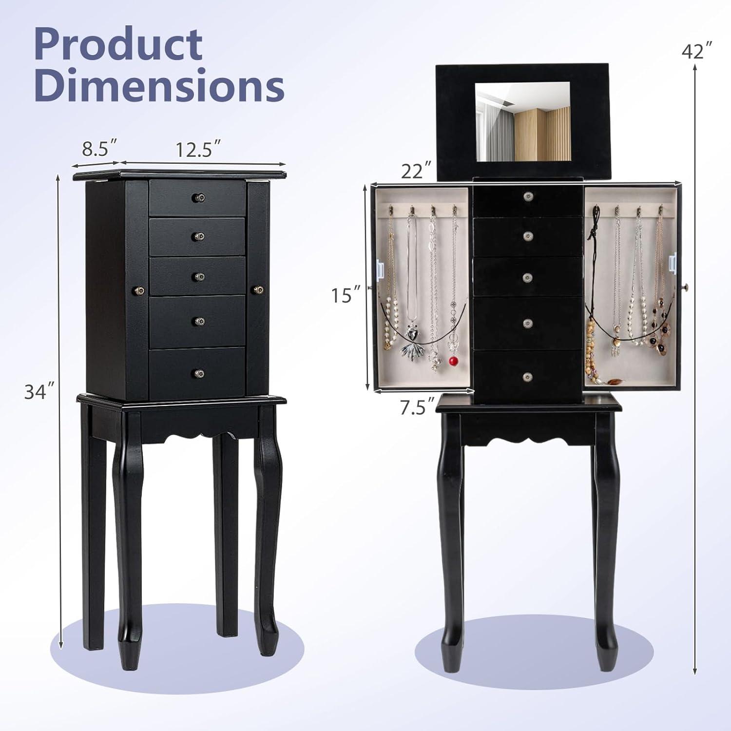image:imageGiantex Standing Jewelry Armoire Cabinet with 4 Drawers Flip Top Mirror Top Storage Compartments 2 Side Doors with 8 Necklace Hooks Freestanding Jewelry Organizer Box Chest BlackBlack