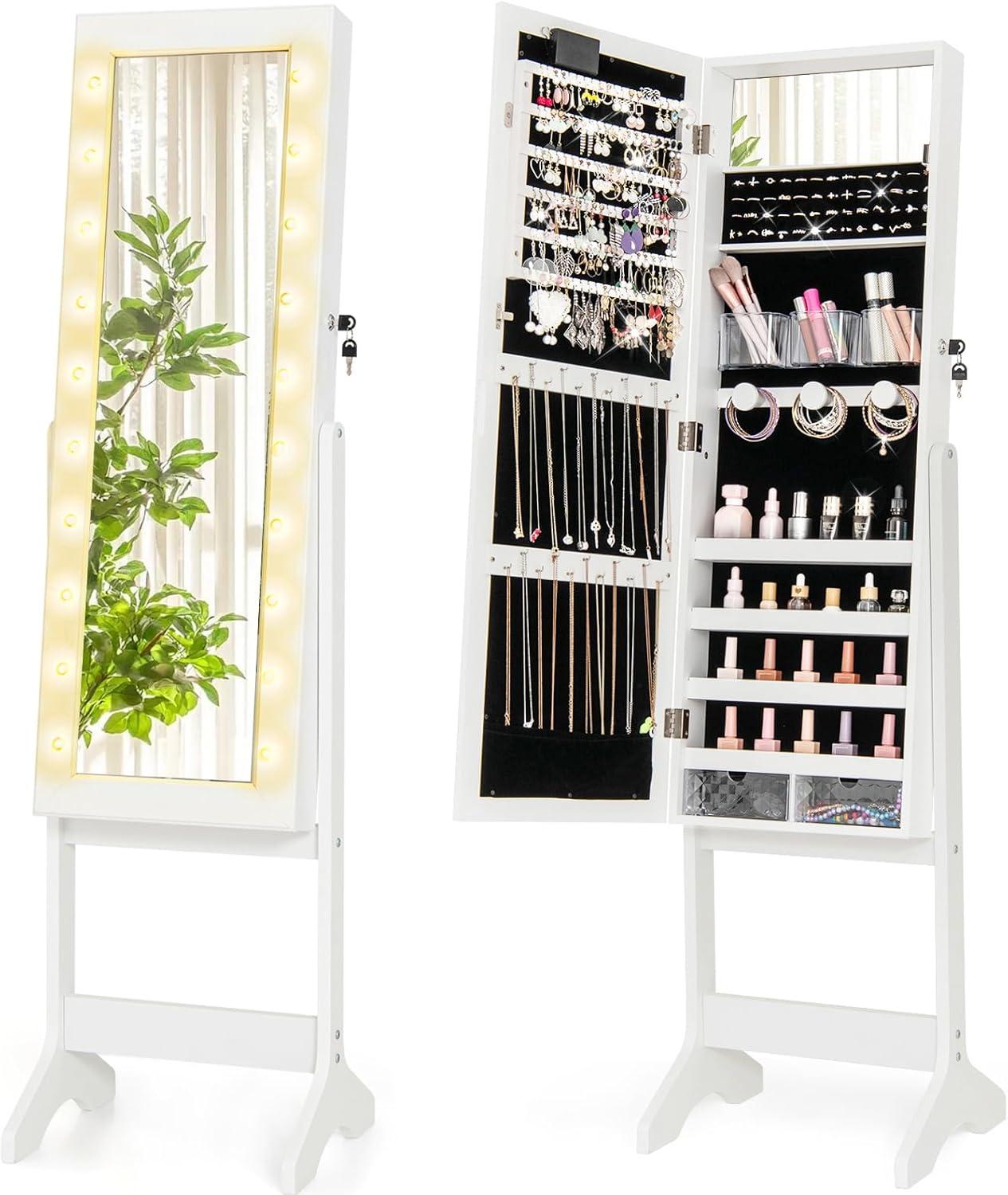 image:imageGiantex Standing Jewelry Armoire with 18 LED Lights Around the Door Large Storage Mirrored Jewelry Cabinet with Full Length Mirror 16 Lipstick Holders 1 Inside Makeup Mirror WhiteWhite