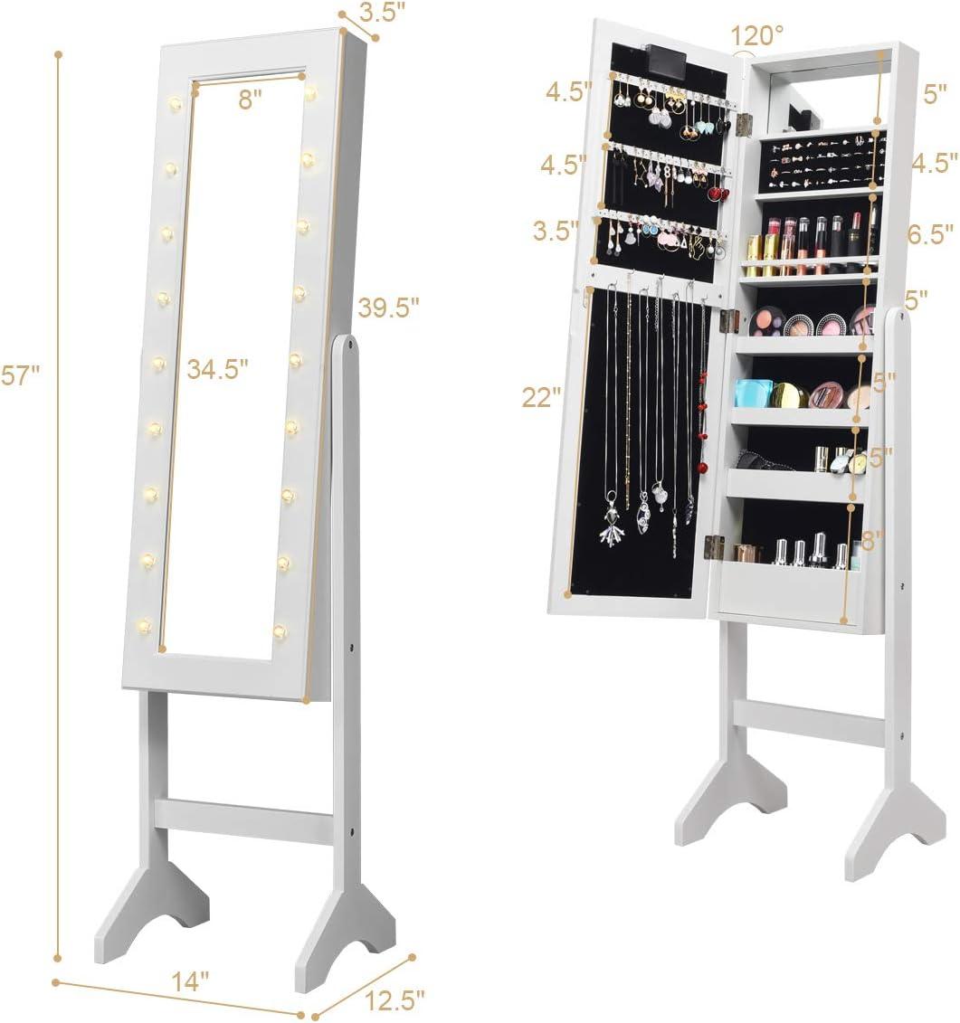 image:imageGiantex Standing Jewelry Armoire with 18 LED Lights Around the Door Large Storage Mirrored Jewelry Cabinet with Full Length Mirror 16 Lipstick Holders 1 Inside Makeup Mirror WhiteWhite