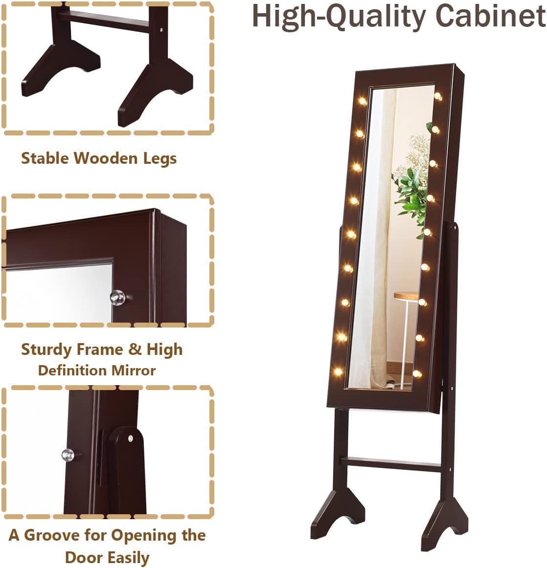 image:imageGiantex Standing Jewelry Armoire with 18 LED Lights Around the Door Large Storage Mirrored Jewelry Cabinet with Full Length Mirror 16 Lipstick Holders 1 Inside Makeup Mirror WhiteBrown