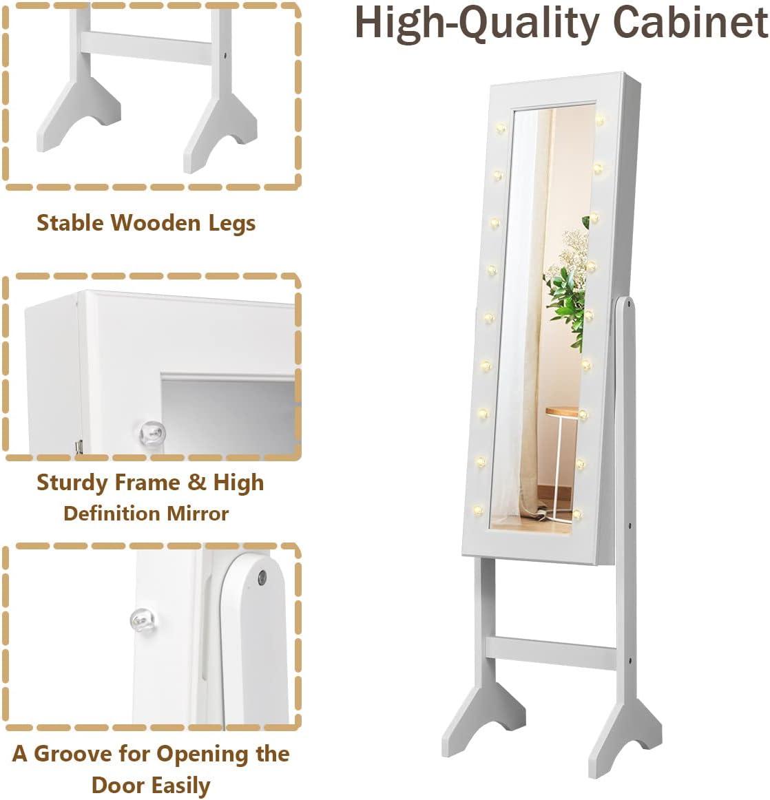 image:imageGiantex Standing Jewelry Armoire with 18 LED Lights Around the Door Large Storage Mirrored Jewelry Cabinet with Full Length Mirror 16 Lipstick Holders 1 Inside Makeup Mirror WhiteWhite
