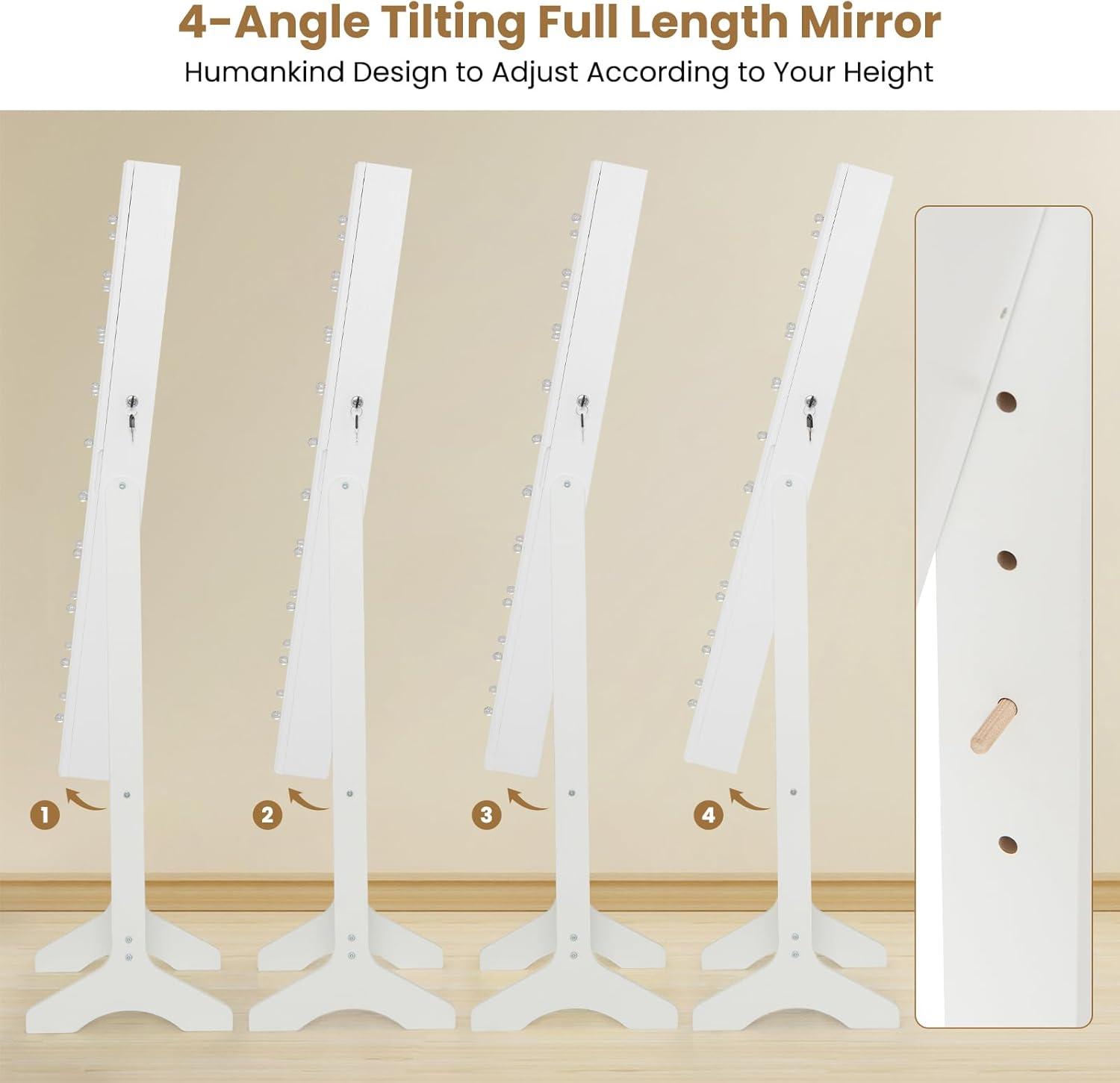 image:imageGiantex Standing Jewelry Armoire with 18 LED Lights Around the Door Large Storage Mirrored Jewelry Cabinet with Full Length Mirror 16 Lipstick Holders 1 Inside Makeup Mirror WhiteWhite