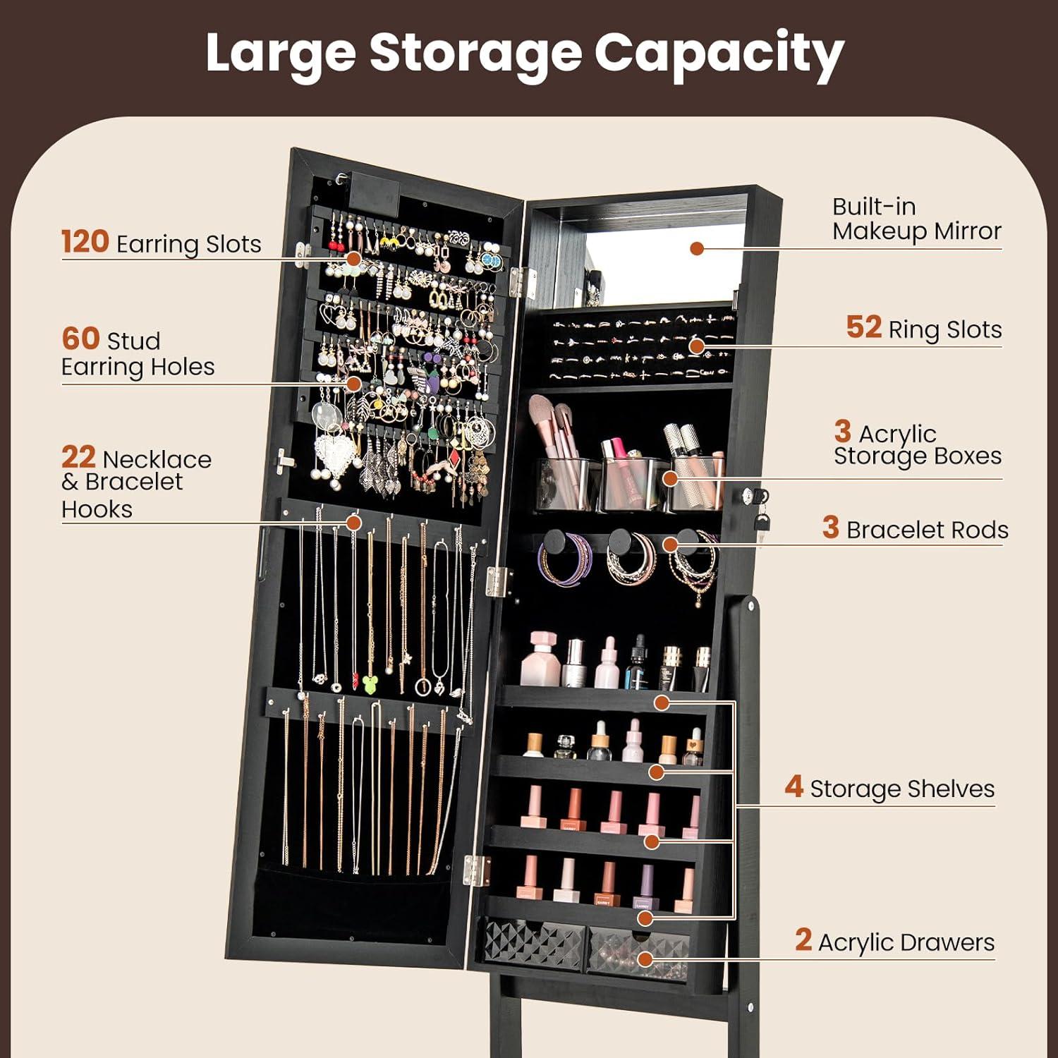 image:imageGiantex Standing Jewelry Armoire with 18 LED Lights Around the Door Large Storage Mirrored Jewelry Cabinet with Full Length Mirror 16 Lipstick Holders 1 Inside Makeup Mirror WhiteBlack